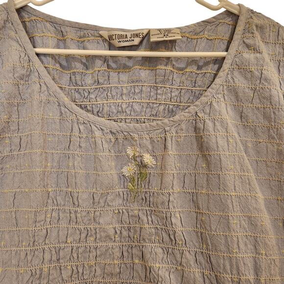 Victoria Jones Blue Embroidered Floral Sleeveless Smocked Cropped Tank Top 3X - Picture 3 of 4